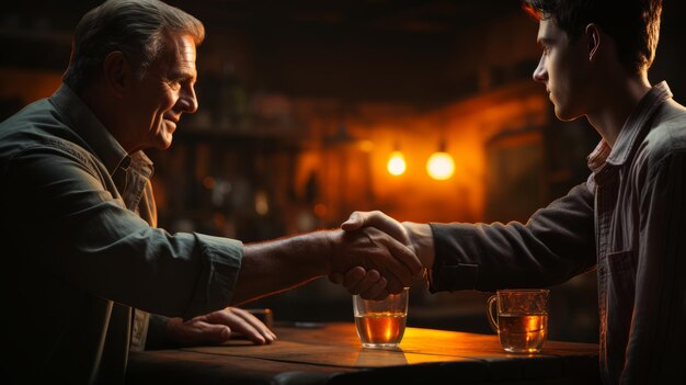 Two men dressed in suits closing a business agreement inside a bar formal business agreement