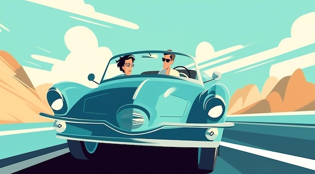 Photo two men driving a vintage car on a road