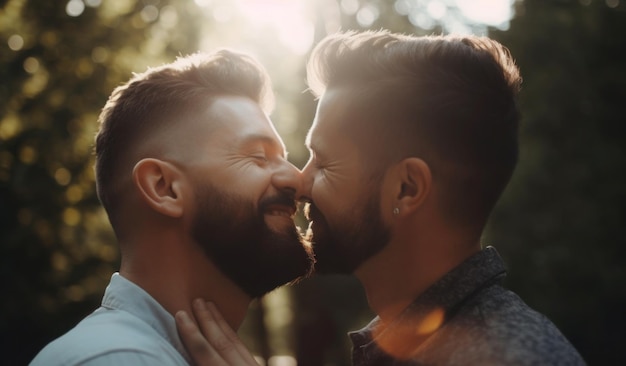 Two men embrace in a forest.