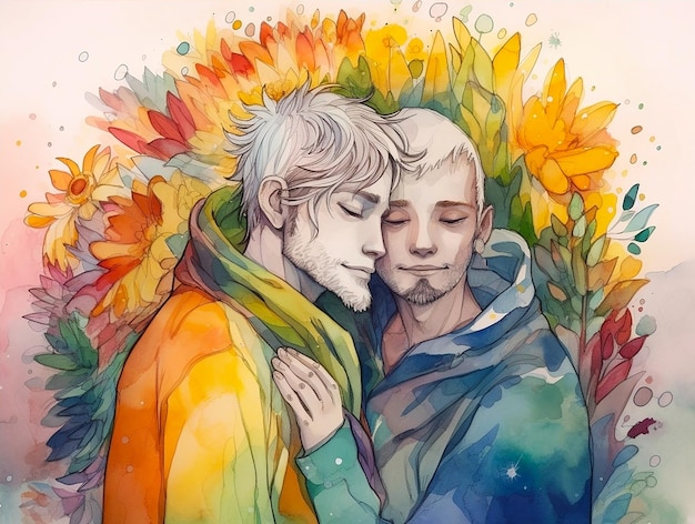 Two men embrace in a rainbow scarf with flowers on their hair in watercolor style