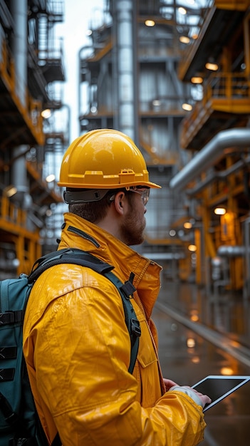 Two men engineers working as dockers inspect and debate using a laptop in front of a big industrial harbour with cargo in the background