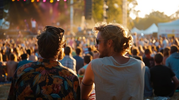 Two men enjoying a concert at a music festival Back view