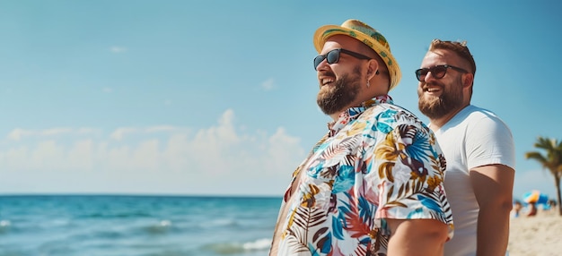 Foto due uomini che si godono una giornata di spiaggia soleggiata concetto positivo del corpo