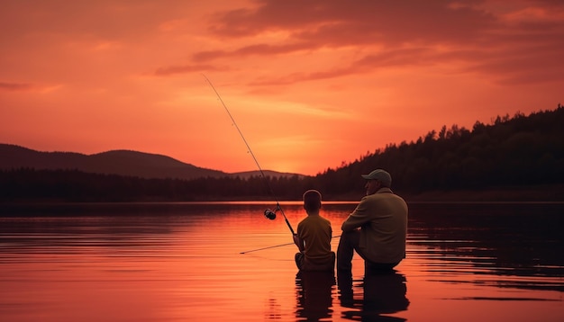 Двое мужчин ловят рыбу в сумерках, спокойная сцена, созданная ИИ