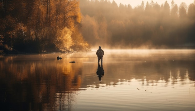 Two men fishing at sunset reflecting on their leisure activity generated by AI