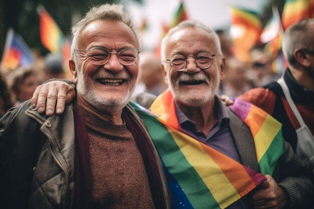 Two men in front of a rainbow flag