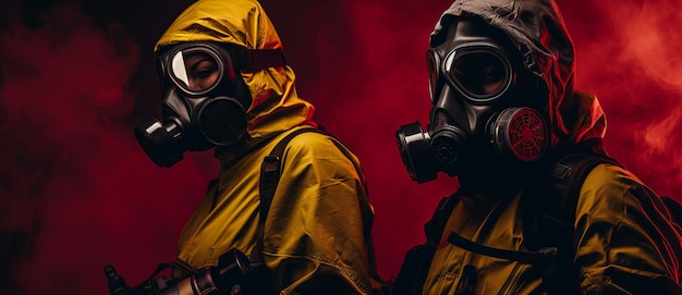 Two men in gas masks standing against red and black background with smoke