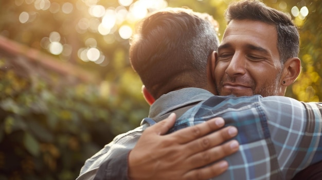 Foto due uomini che si abbracciano calorosamente in segno di sostegno e comprensione in un gruppo di sostegno maschile