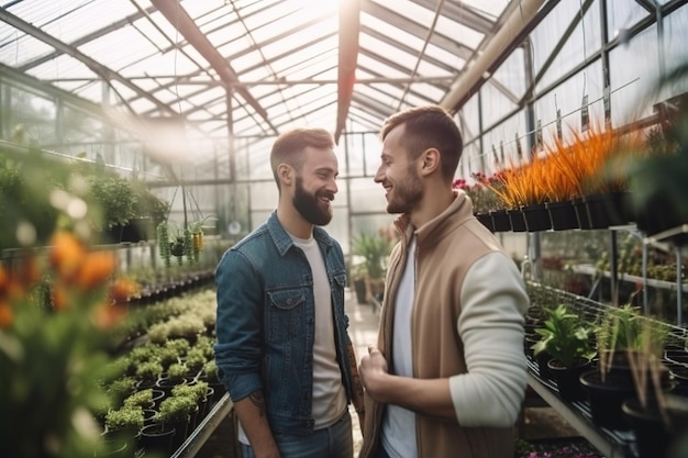 Two men in a greenhouse looking at each other