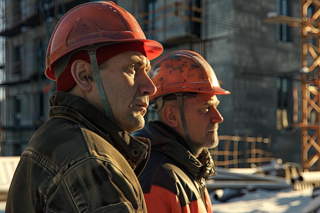 Two men in hard hats at construction site construction