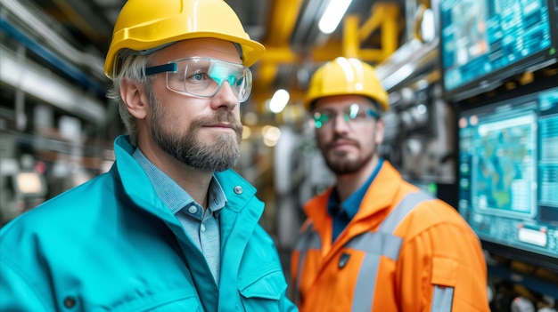 Two Men in Hard Hats and Safety Glasses in a Factory