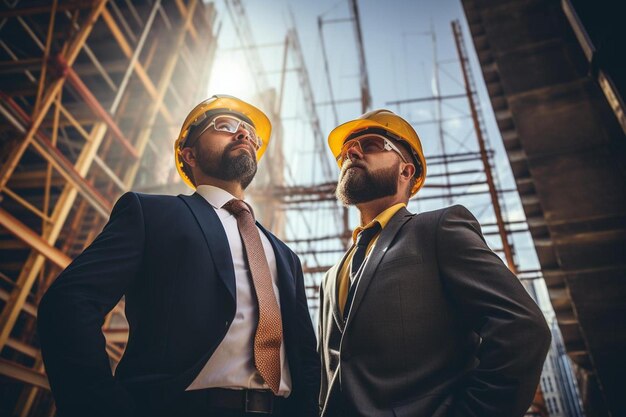 Photo two men in hard hats standing next to each other