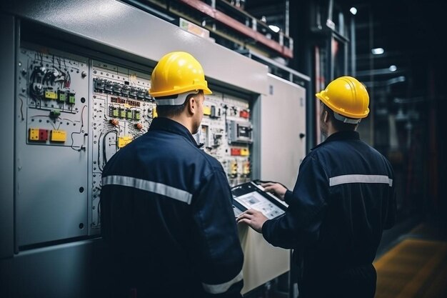 Photo two men in hard hats standing in front of a machine