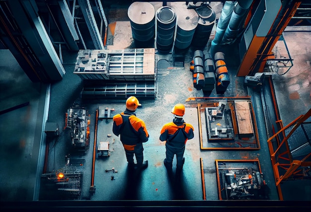 Two men in hard hats work over the project at the factory top view