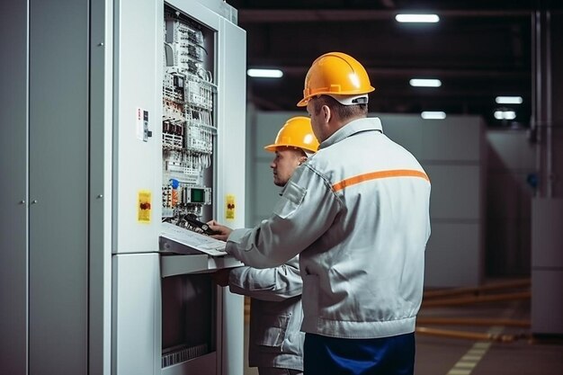 Photo two men in hard hats working on a machine