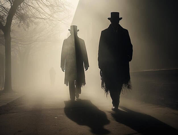 two men in hats and a hat are walking in the fog.