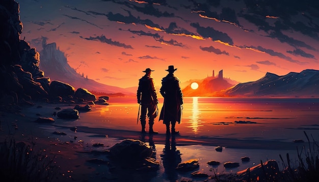 모자를 쓴 두 남자가 성을 바라보며 해변에 서 있습니다.
