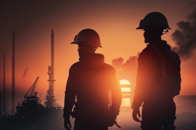 Two men in helmets stand in front of a sunset with a large orange sun in the background.