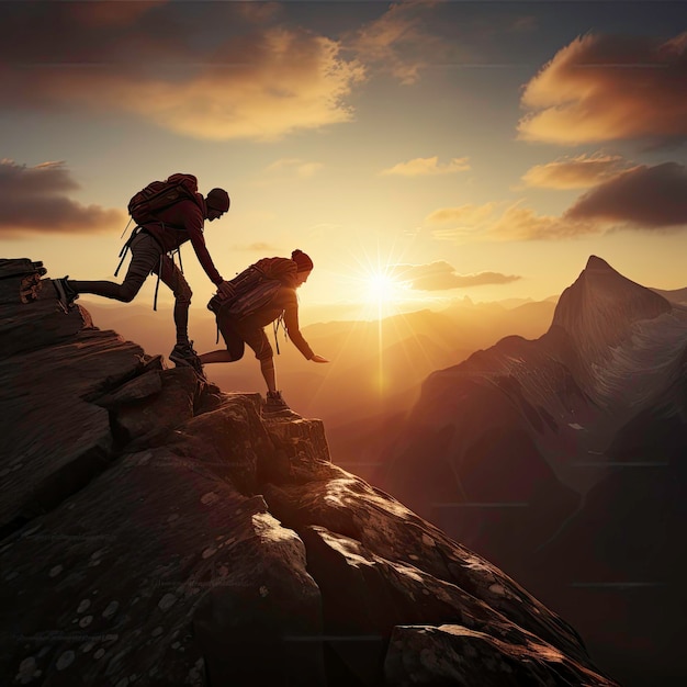 互いに助け合って山を登る2人の男性