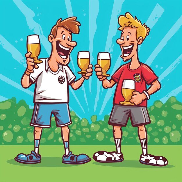 Photo two men holding glasses of beer, one of which has the word 