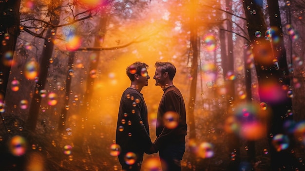 Two men holding hands in a forest with bubbles floating around