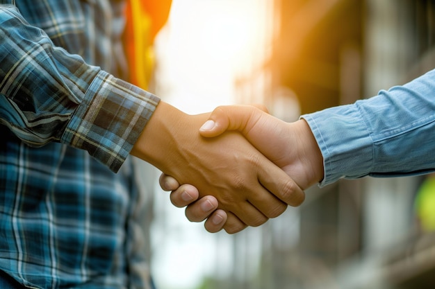 Two men holding hands at sunset Closing a business deal symbol of trust