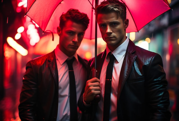 木曜の夜、雨の中、傘をさしている二人の男性