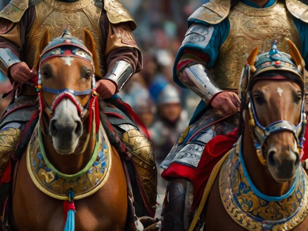 two men on horses with one wearing a blue and gold armor