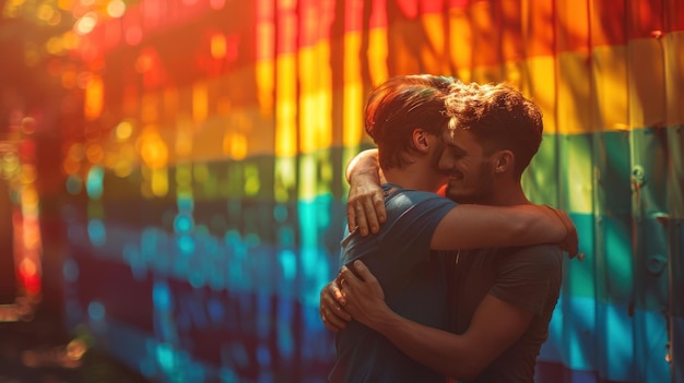 Photo two men hug against the background of the lgbt pride day flag art