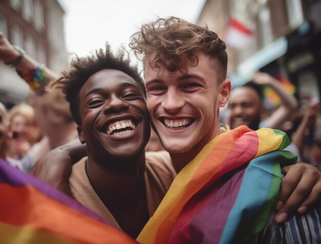 Two men hugging in a parade with a rainbow flag on their shoulders