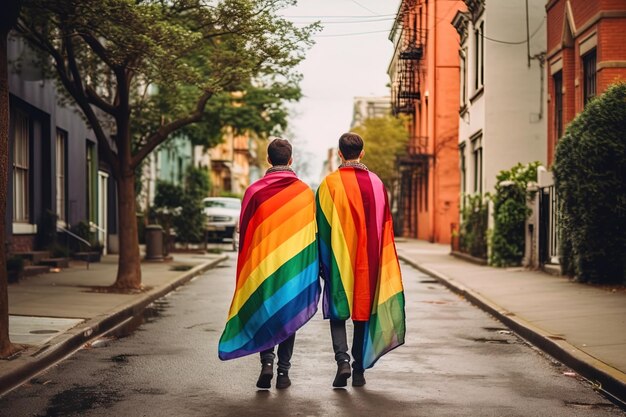 写真 虹色のシャツを着た2人の男性が虹色の毛布を着て通りを歩いています