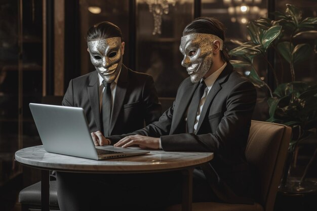 写真 スーツとマスクを着た 2 人の男性が、ノート パソコンの生成 ai を持ってテーブルに座っています。