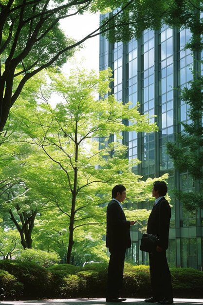 写真 建物の前に立っているスーツを着た2人の男性