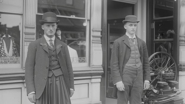 사진 1900년대 초반에 상점 밖에서 서 있는 양복을 입은 두 사람