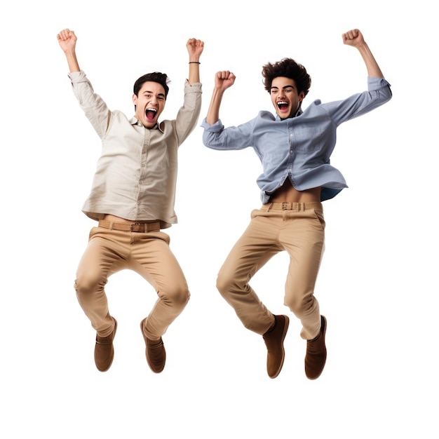 Two men jumping in the air with their arms up in the air