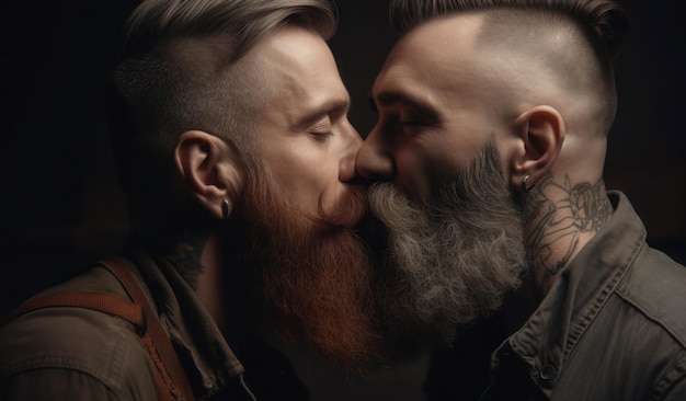 Two men kiss in a dark room.