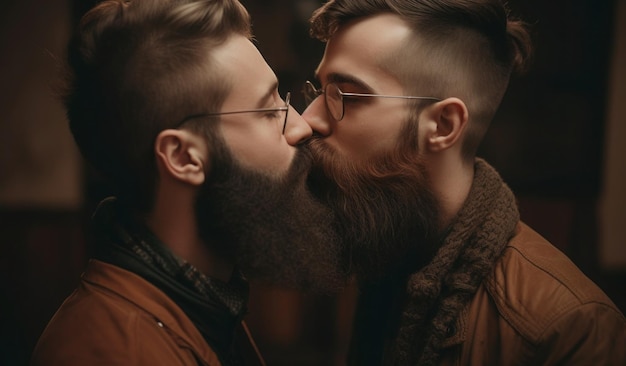 Two men kiss in a dark room