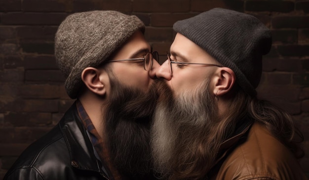 Two men kiss in front of a brick wall.