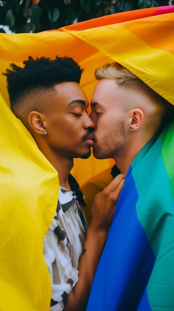 Two men kiss in front of a yellow flag.