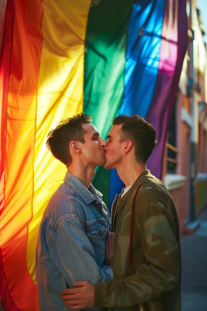 写真 虹の旗の前でキスしている2人の男性