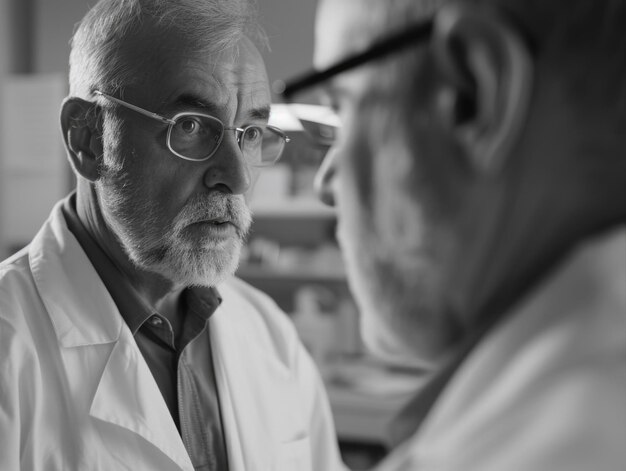 Photo two men in lab coats are talking to each other