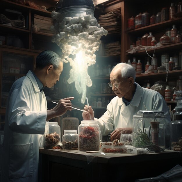 Photo two men in a laboratory with a light bulb in the background.