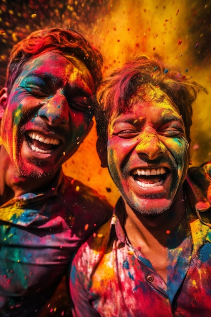 Two men laughing and laughing in front of a colorful holi banner