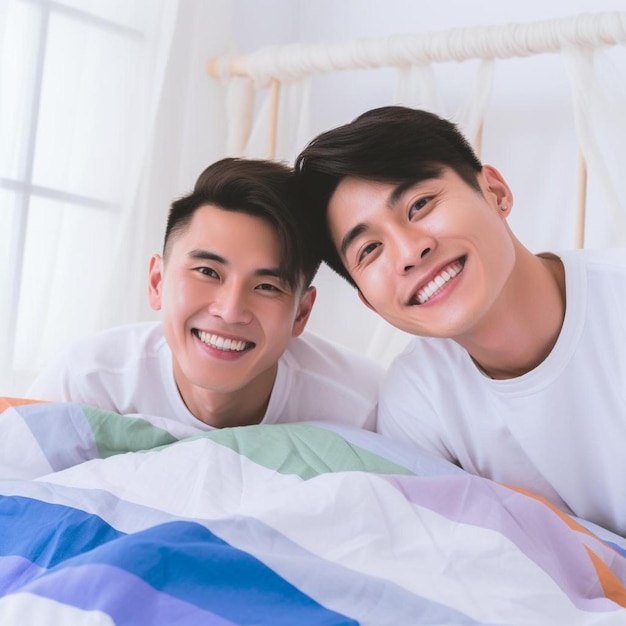 Photo two men laying in bed with a rainbow striped blanket