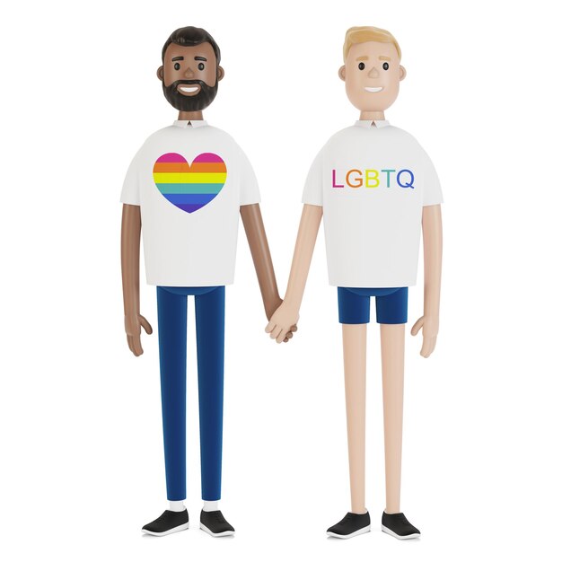 LGBT 티셔츠를 입은 두 남자가 손을 잡고 있습니다. LGBT 커뮤니티. 만화 스타일의 3D 그림입니다.