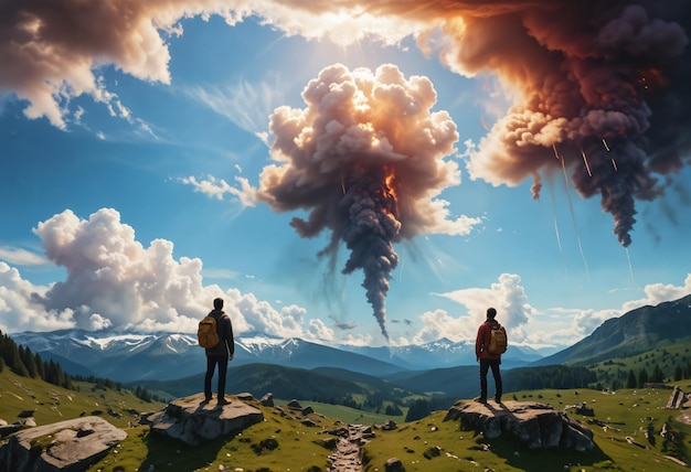 사진 하늘 에서 폭발 을 보고 있는 두 사람