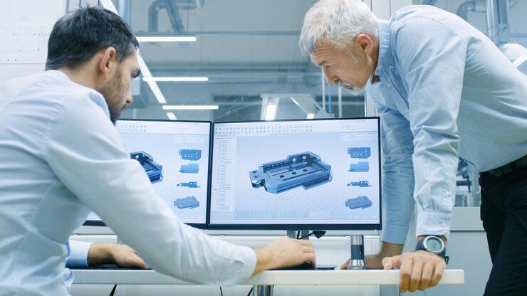 Photo two men looking at a computer screen with a model of a cnc machine on it.