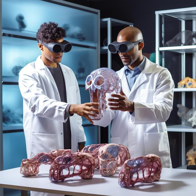 two men looking at a model of a brain