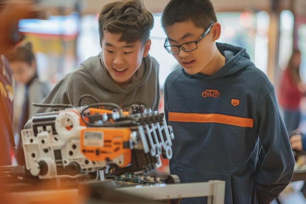 two men looking at a robot made by a robot