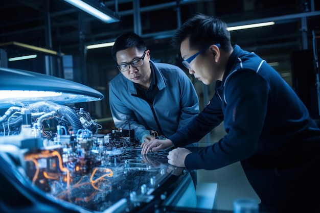 Two men looking at a robot that has the word " on it "